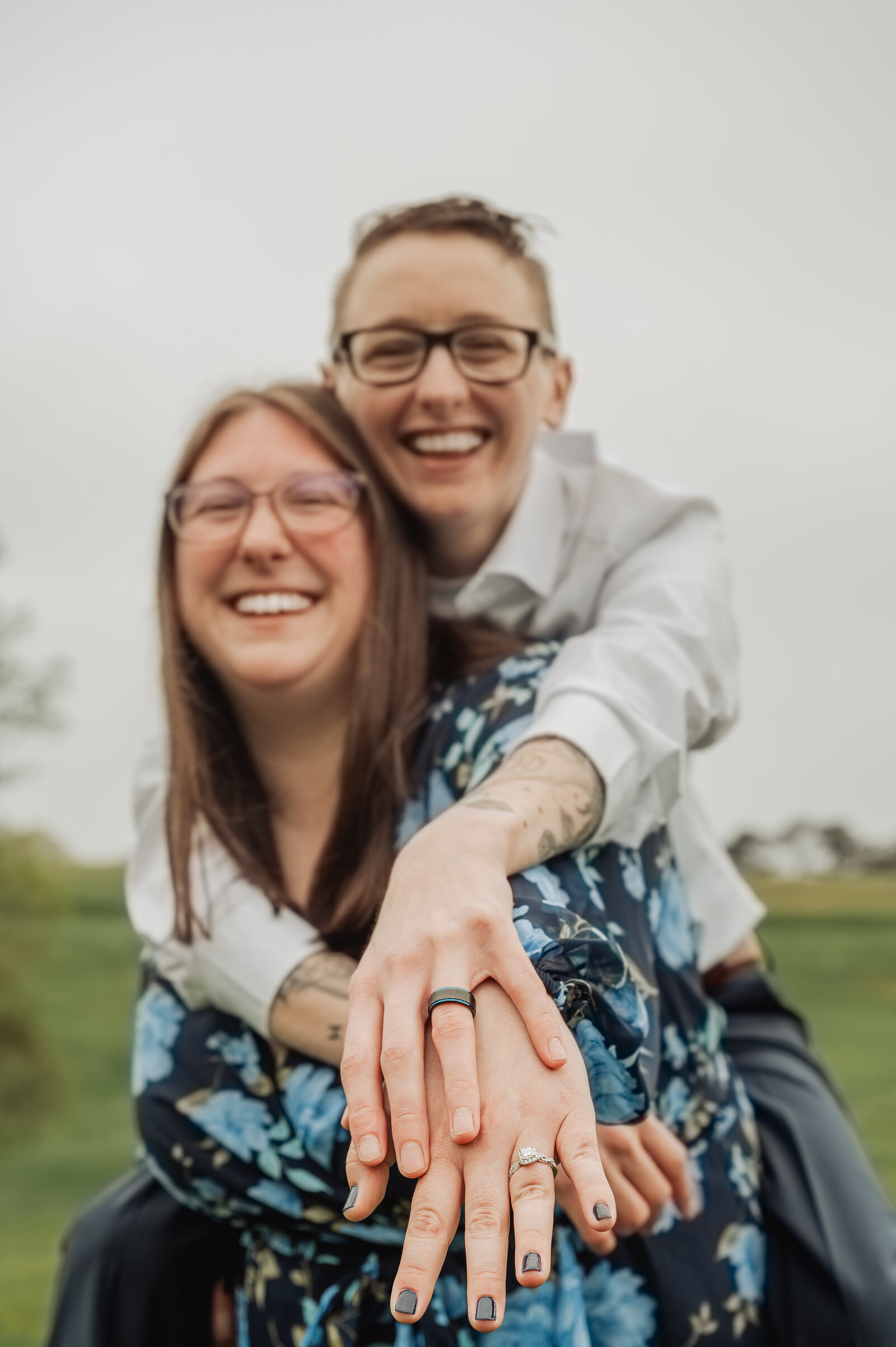 Couple embracing at golden hour before the reception