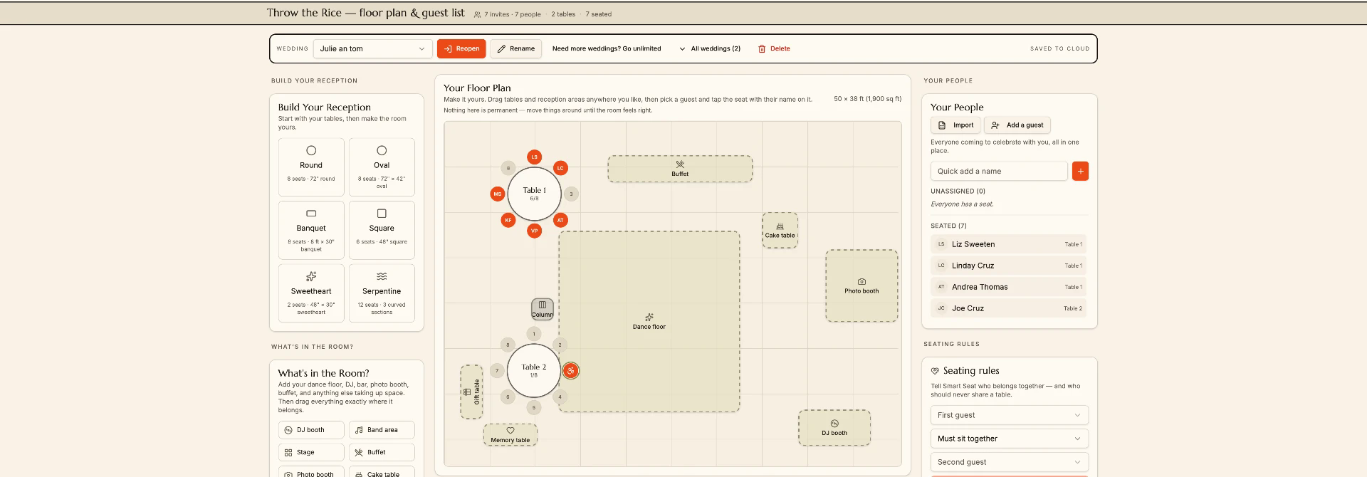 The Throw the Rice seating planner: a reception floor plan with round tables, guests seated by name, dance floor, buffet, DJ booth and cake table, plus the guest list and seating rules panels
